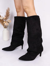 Black Suede Pointed Toe Slouched Stiletto Heel Knee High Boot (TC-T5037-BLK)