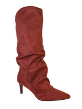 Burgundy Suede Pointed Toe Slouched Stiletto Heel Knee High Boot (TC-T5037-BUR)