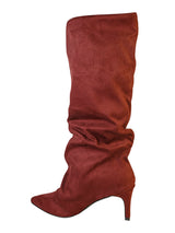 Burgundy Suede Pointed Toe Slouched Stiletto Heel Knee High Boot (TC-T5037-BUR)