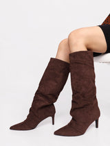 Coffee Suede Pointed Toe Slouched Stiletto Heel Knee High Boot (TC-T5037-COFF)