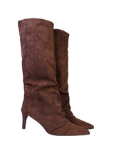 Coffee Suede Pointed Toe Slouched Stiletto Heel Knee High Boot (TC-T5037-COFF)
