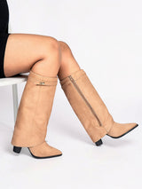 Beige Suede Gold Tone Lock Buckle Block Heel Long Boot (TC-TF282-2-BEIG)