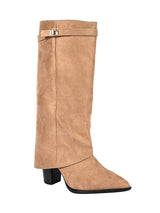 Beige Suede Gold Tone Lock Buckle Block Heel Long Boot (TC-TF282-2-BEIG)