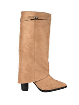 Beige Suede Gold Tone Lock Buckle Block Heel Long Boot (TC-TF282-2-BEIG)