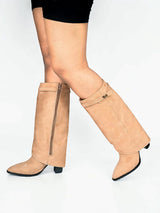 Beige Suede Gold Tone Lock Buckle Block Heel Long Boot (TC-TF282-2-BEIG)