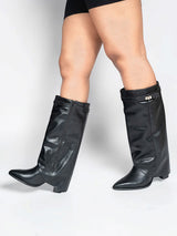Black Synthetic Leather Gold Tone Lock Buckle Block Heel Long Boot (TC-TF282-2-BLK)