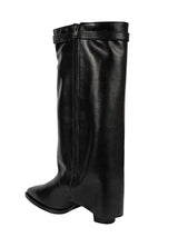 Black Synthetic Leather Gold Tone Lock Buckle Block Heel Long Boot (TC-TF282-2-BLK)