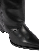 Black Synthetic Leather Gold Tone Lock Buckle Block Heel Long Boot (TC-TF282-2-BLK)