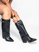 Black Synthetic Leather Gold Tone Lock Buckle Block Heel Long Boot (TC-TF282-2-BLK)