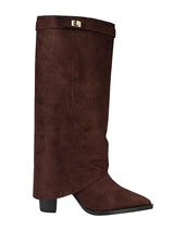 Brown Suede Gold Tone Lock Buckle Block Heel Long Boot (TC-TF282-2-BRO)