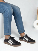 Black White Synthetic Leather Low Ankle Stylish Sneakers (TC-WOMENSAM1-BLKWHT)