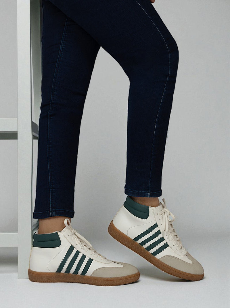 Beige Green Synthetic Leather High Ankle Stylish Sneakers (TC-WOMENSAMH1-BEIGRN)