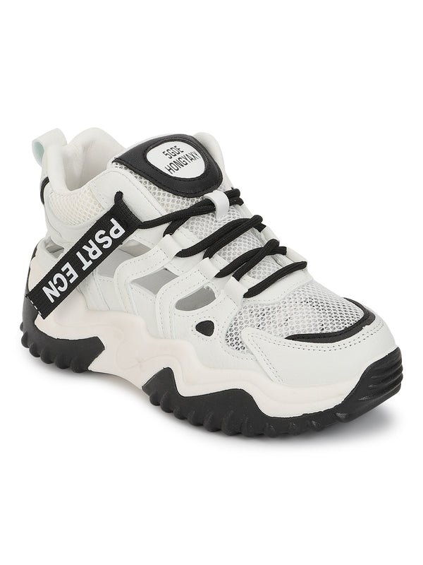 White Black PU Lace-Up Chunky Sneakers (TC-XB03-WHTBLK)