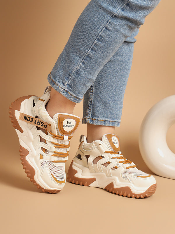 White Brown PU Lace-Up Chunky Sneakers (TC-XB03-WHTBRO)