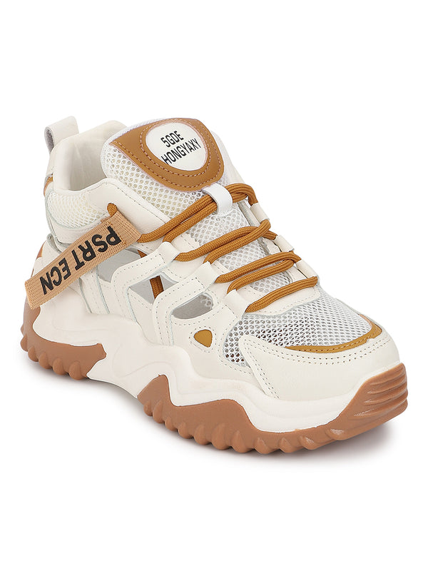 White Brown PU Lace-Up Chunky Sneakers (TC-XB03-WHTBRO)
