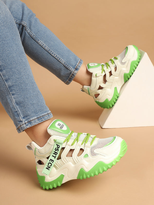 White Green PU Lace-Up Chunky Sneakers (TC-XB03-WHTGRN)