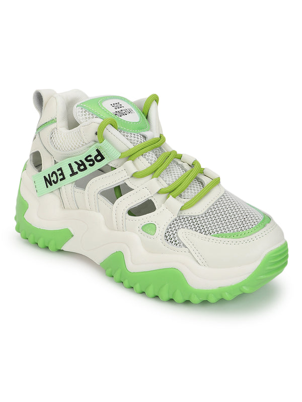 White Green PU Lace-Up Chunky Sneakers (TC-XB03-WHTGRN)
