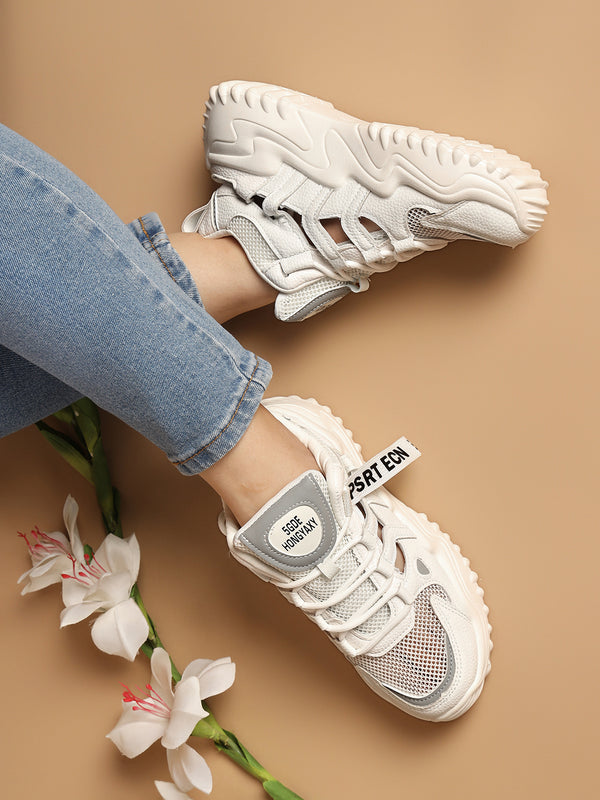 White Grey PU Lace-Up Chunky Sneakers (TC-XB03-WHTGRY)