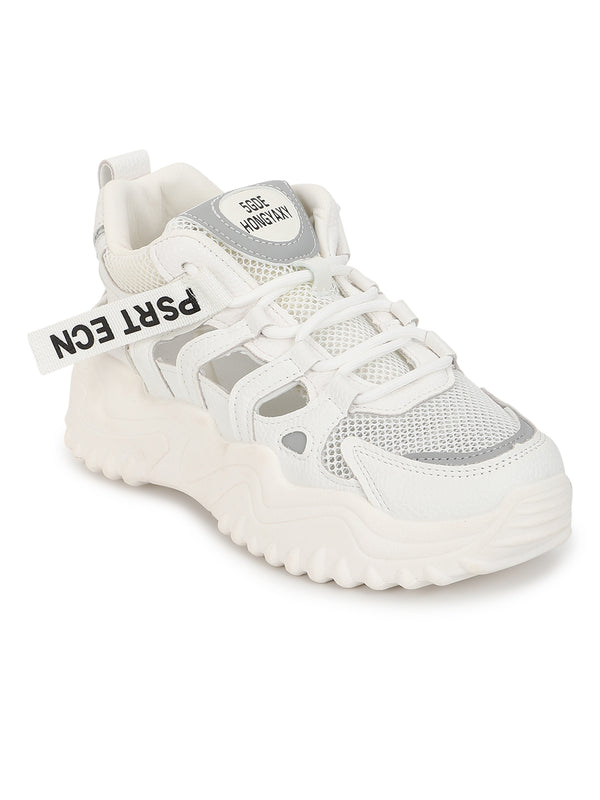 White Grey PU Lace-Up Chunky Sneakers (TC-XB03-WHTGRY)