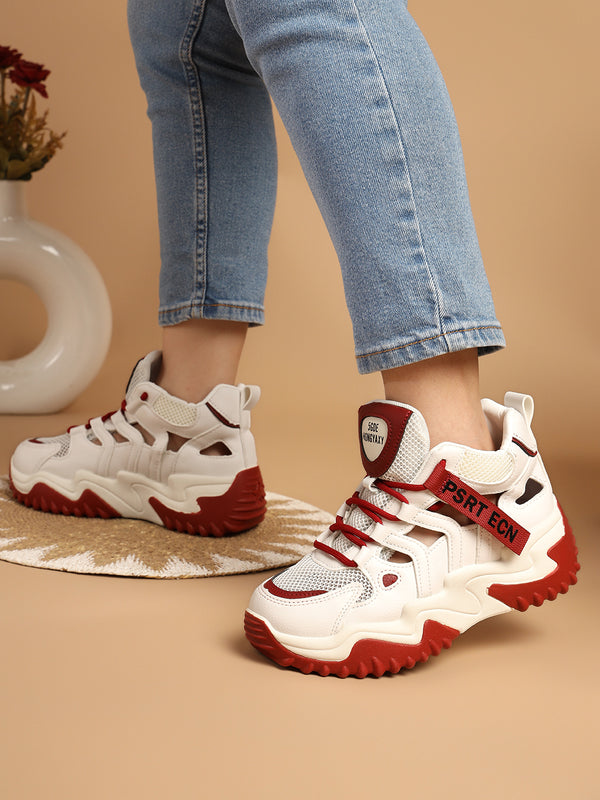 White Red PU Lace-Up Chunky Sneakers (TC-XB03-WHTRED)