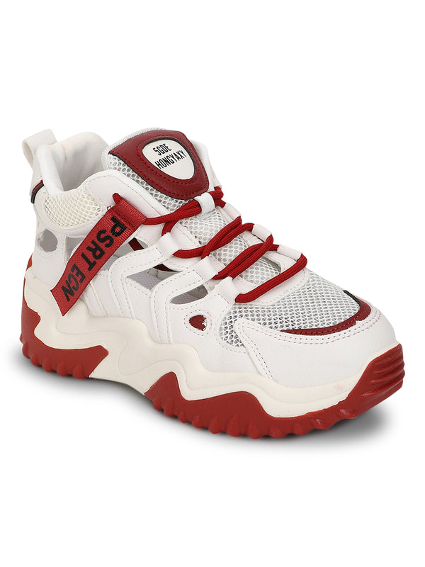 White Red PU Lace-Up Chunky Sneakers (TC-XB03-WHTRED)