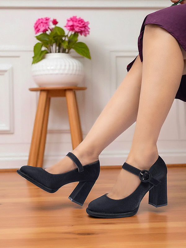 Black Synthetic Leather Buckle Block Heel Sandals (TC-Y526-1-BLK)