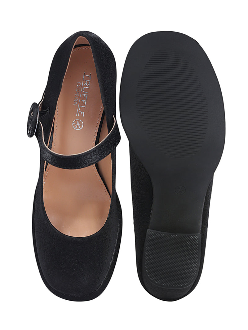 Black Synthetic Leather Buckle Block Heel Sandals (TC-Y526-1-BLK)