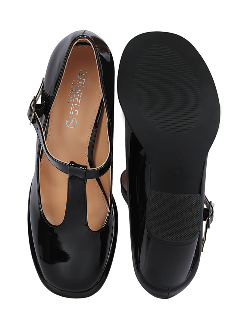 Black Patent Leather Buckle Block Heel Sandals (TC-Y526-2-BLK)