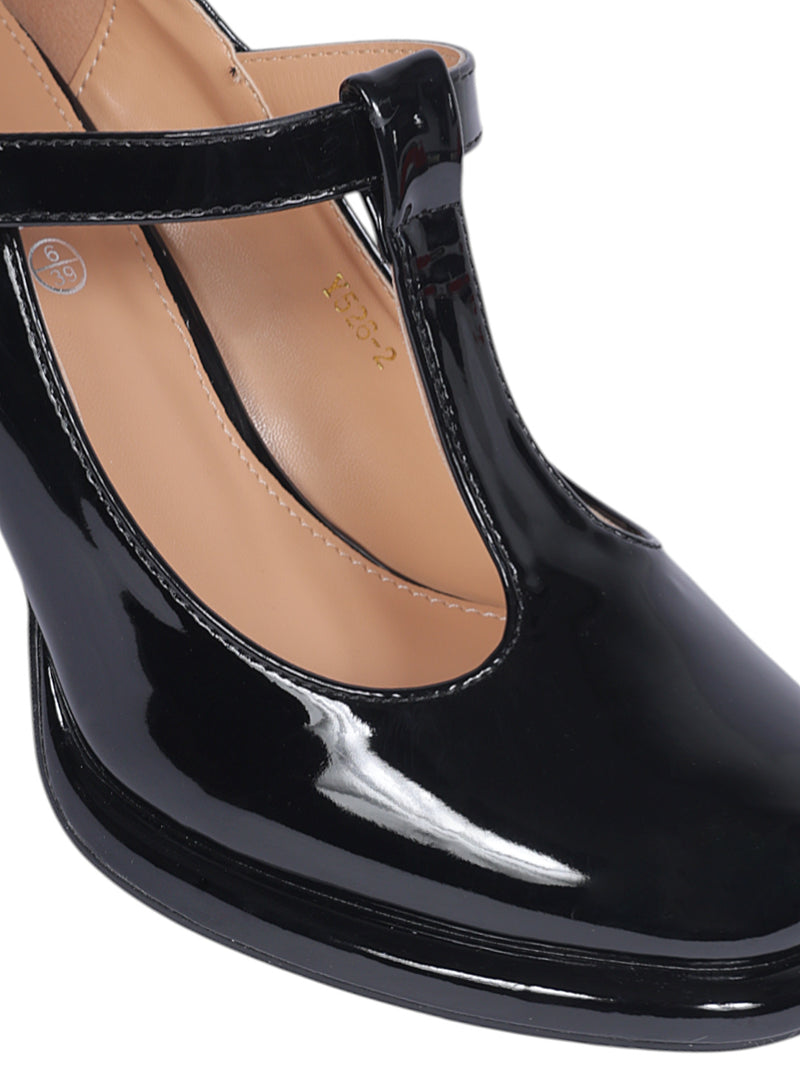 Black Patent Leather Buckle Block Heel Sandals (TC-Y526-2-BLK)