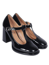 Black Patent Leather Buckle Block Heel Sandals (TC-Y526-2-BLK)