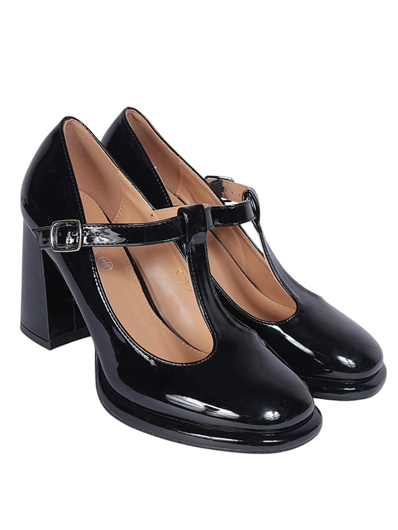 Black Patent Leather Buckle Block Heel Sandals (TC-Y526-2-BLK)