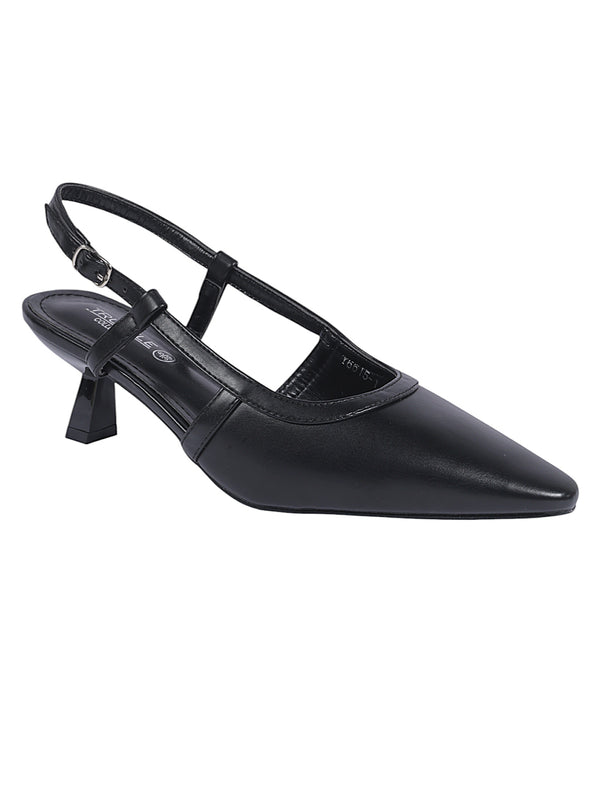Black Synthetic Leather Buckle Kitten Heel Sandals (TC-Y6615-1-BLK)