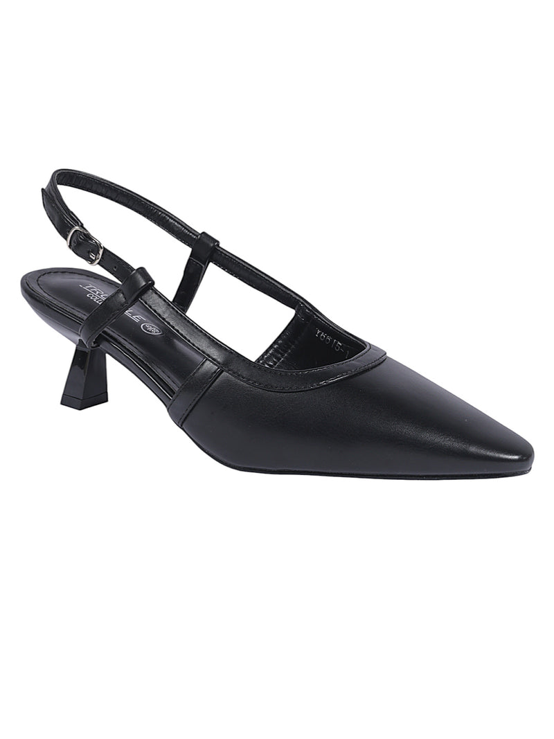 Black Synthetic Leather Buckle Kitten Heel Sandals (TC-Y6615-1-BLK)