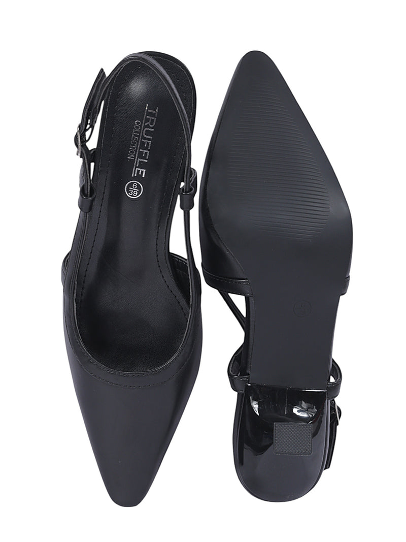 Black Synthetic Leather Buckle Kitten Heel Sandals (TC-Y6615-1-BLK)