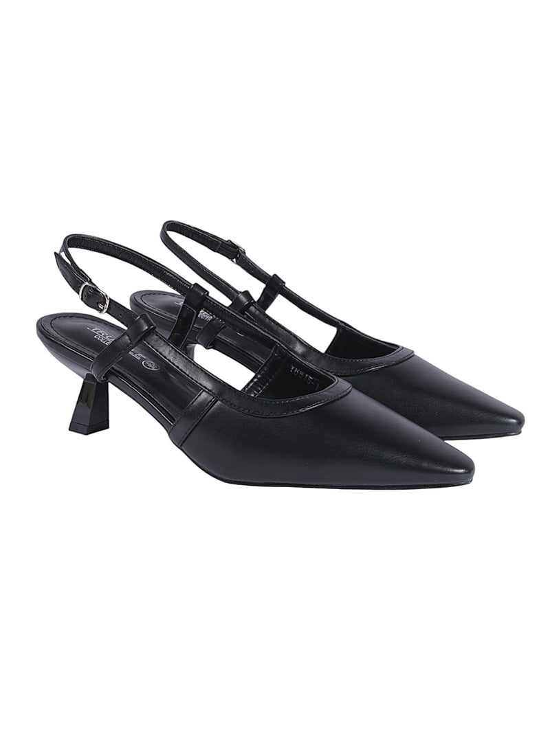 Black Synthetic Leather Buckle Kitten Heel Sandals (TC-Y6615-1-BLK)