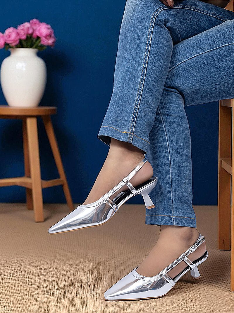 Silver Patent Leather Buckle Kitten Heel Sandals (TC-Y6615-1-SIL)