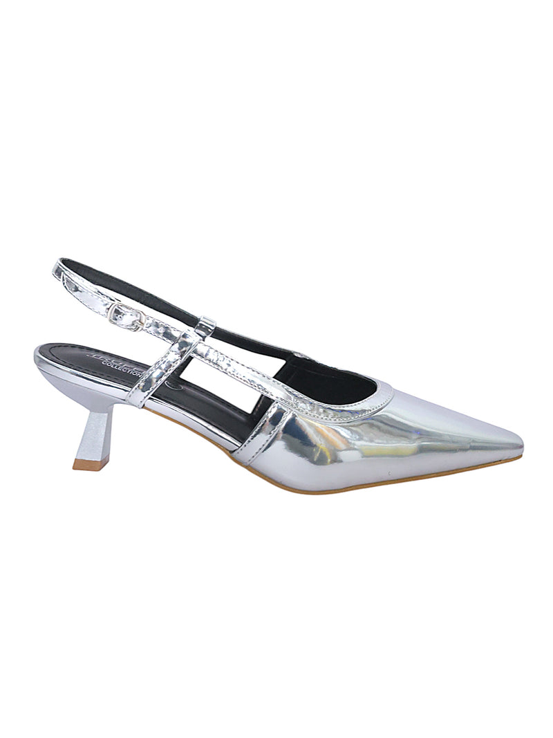 Silver Patent Leather Buckle Kitten Heel Sandals (TC-Y6615-1-SIL)