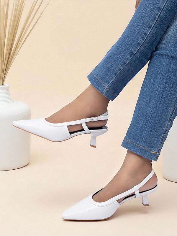 White Synthetic Leather Buckle Kitten Heel Sandals (TC-Y6615-1-WHT)