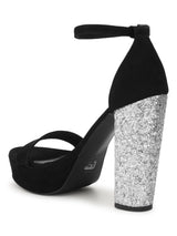 Black Silver Suede Diamond Block Heel Sandals (TP10376-BLKSIL)