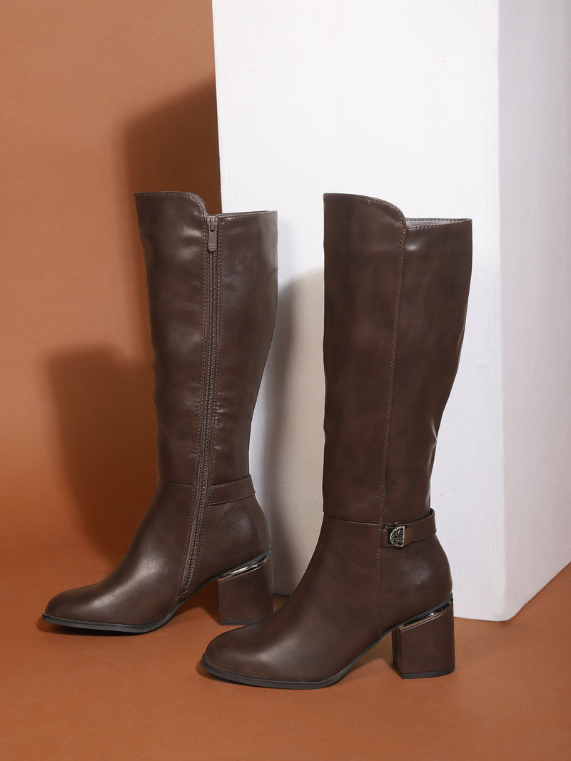 Brown PU Block Long Boots (TC-219557-11-BRO)