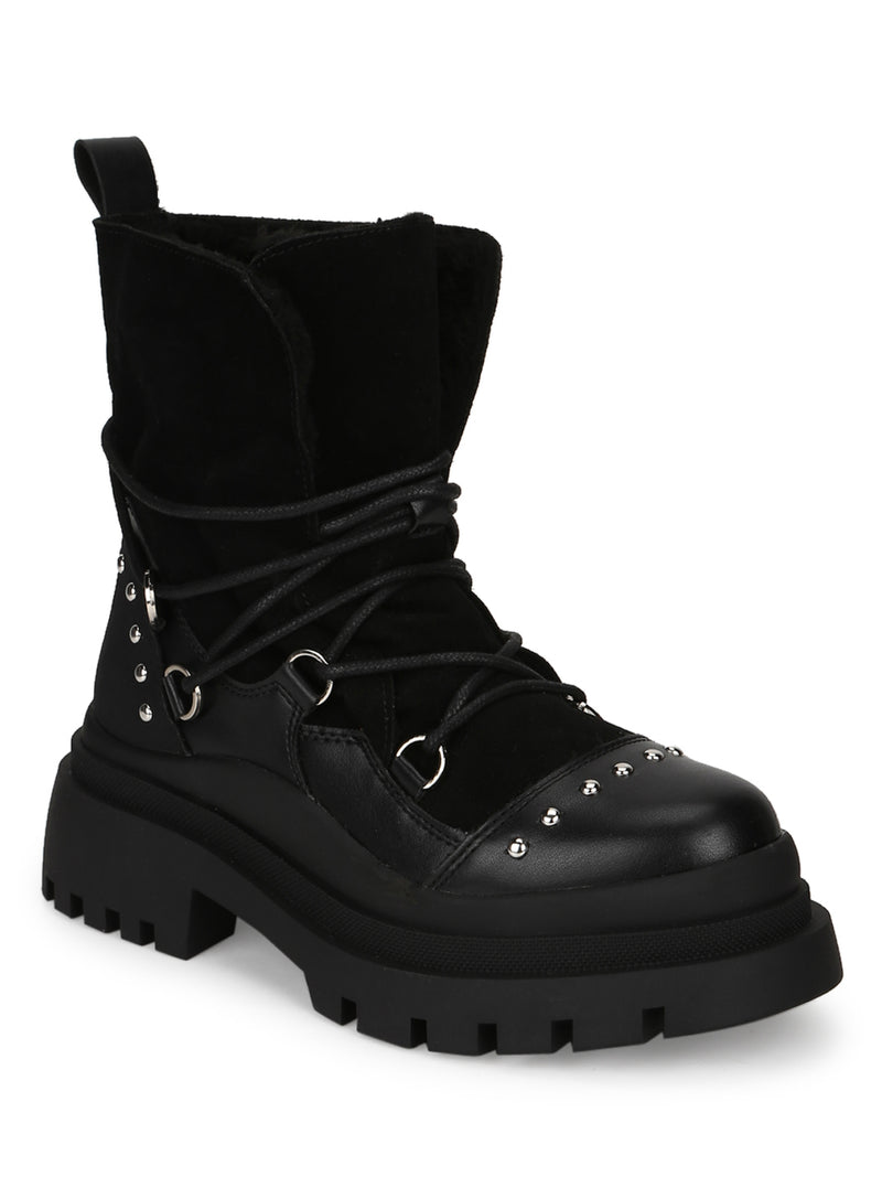 Black PU Lace Up Snow Fur Boots