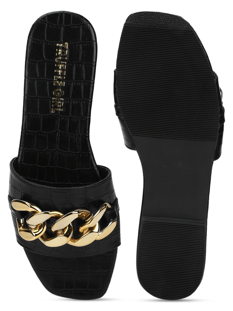 Fashion Black Sandals For Women, Crocodile Embossed Chain Decor Sandals |  SHEIN Singapore