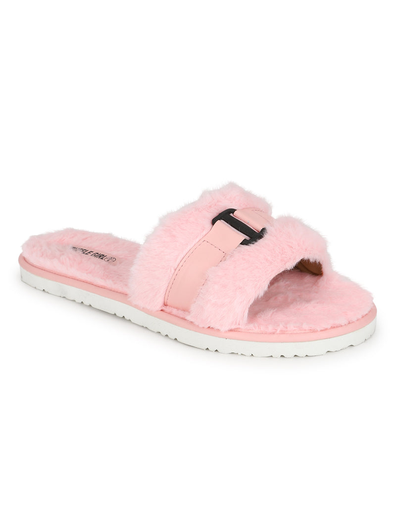 Pink Fuzzy Fur Slip Ons With Buckle (TC-ST-1167-PNK)