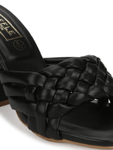 Black PU Braided Block Heel Mules (SLC-R-70)
