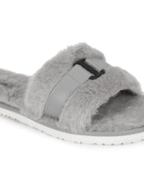 Grey Fuzzy Fur Slip Ons With Buckle (TC-ST-1167-GRY)