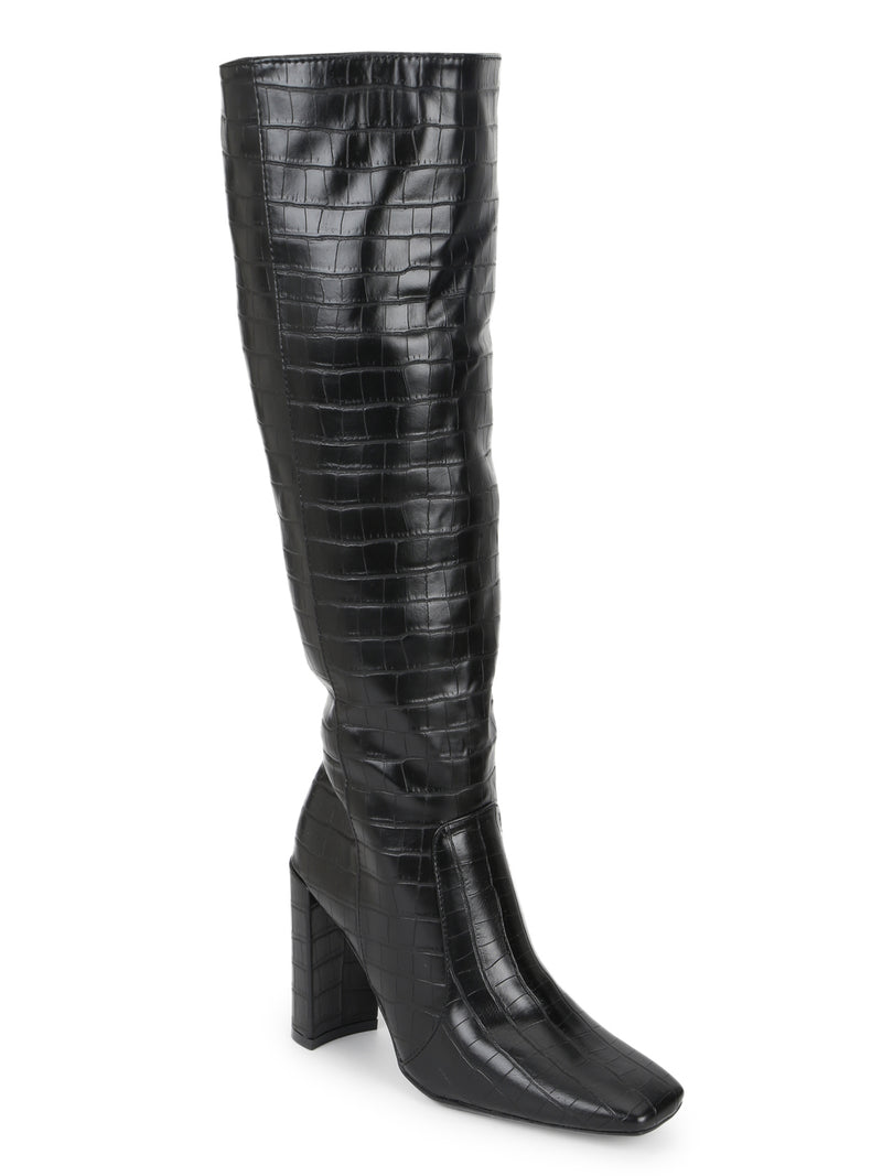 Black Croc PU Knee High Boots - Main Image