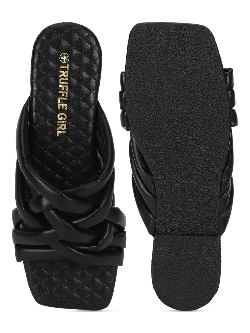 Black PU Strappy Quilted Sole Slip Ons (TC-ST-1213-BLK)