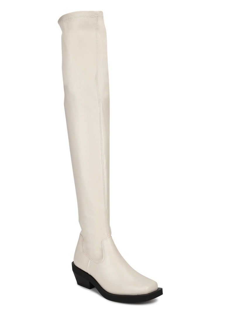 Putty Beige PU Thigh High Boots