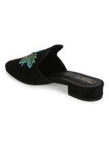 Black Suede Tropical Embroidery Kitten Heel Mules (TC-SLC-MJ-12-BLK)
