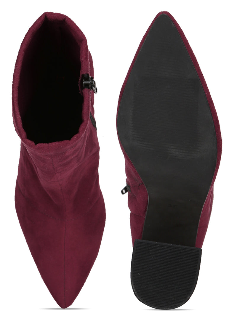 Burgundy Suede Pointed Toe Sock Mid Calf Boots